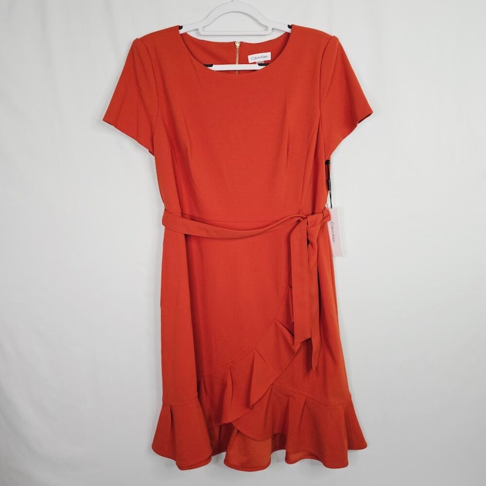NWT CALVIN KLEIN Faux Wrap Dress ORANGE CLAY size 16 Ruffle Hem Summer Feminine - Picture 2 of 11